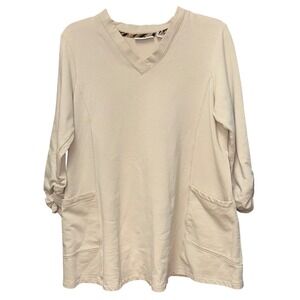 Susan‎ Graver Beige V Neck Long Sleeve Tunic Top Pockets Size M Lagenlook Boho